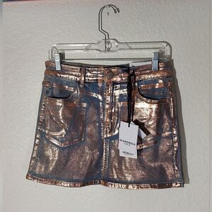 Glamorous Denim Blue Copper Rose Metallic Chrome Mini Skirt Women's Sz W 30 NWT